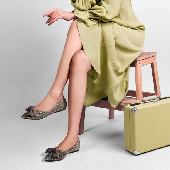 Zelaprox Women's Silver Leather Rhinestone Pointed Toe Bowknot Ballet Shoes - Picture 5 of 7